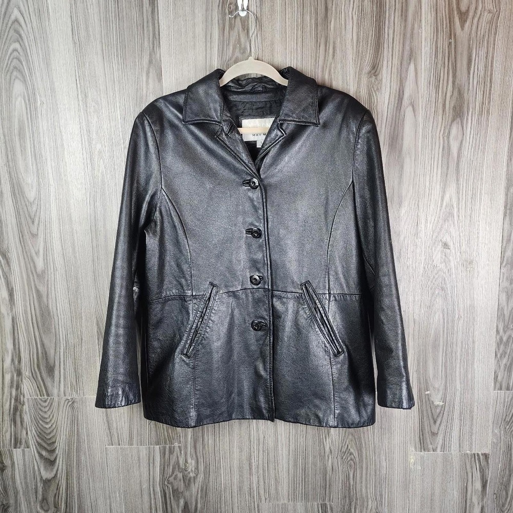 Wilsons Leather Maxima Womens Black Leather Jacket Button Front Coat Large L